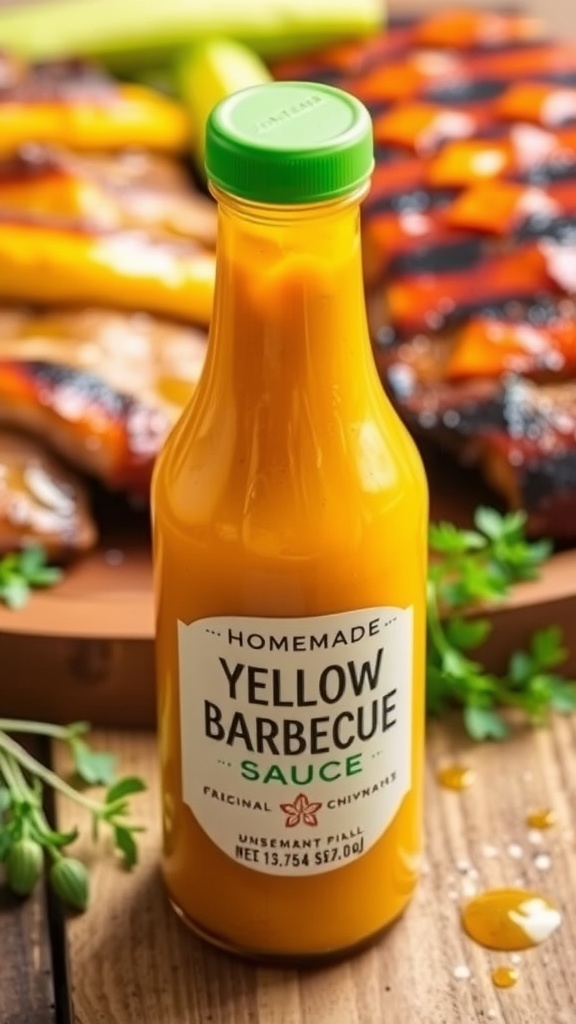 A bottle of yellow barbecue sauce with grilled meats and vegetables in the background.